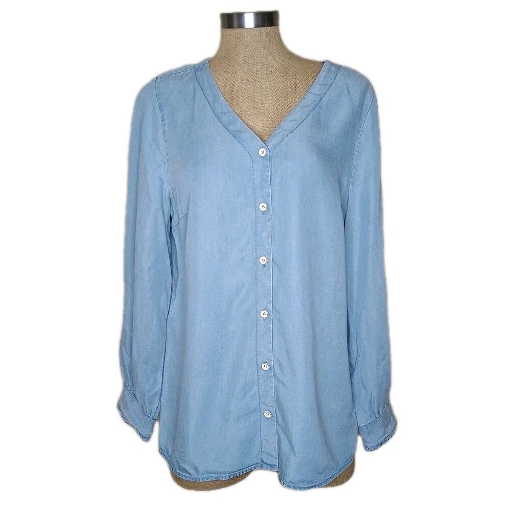 Soft Surroundings Shirt Womens Sz M Top Heather Blue Button Up Long Slvs